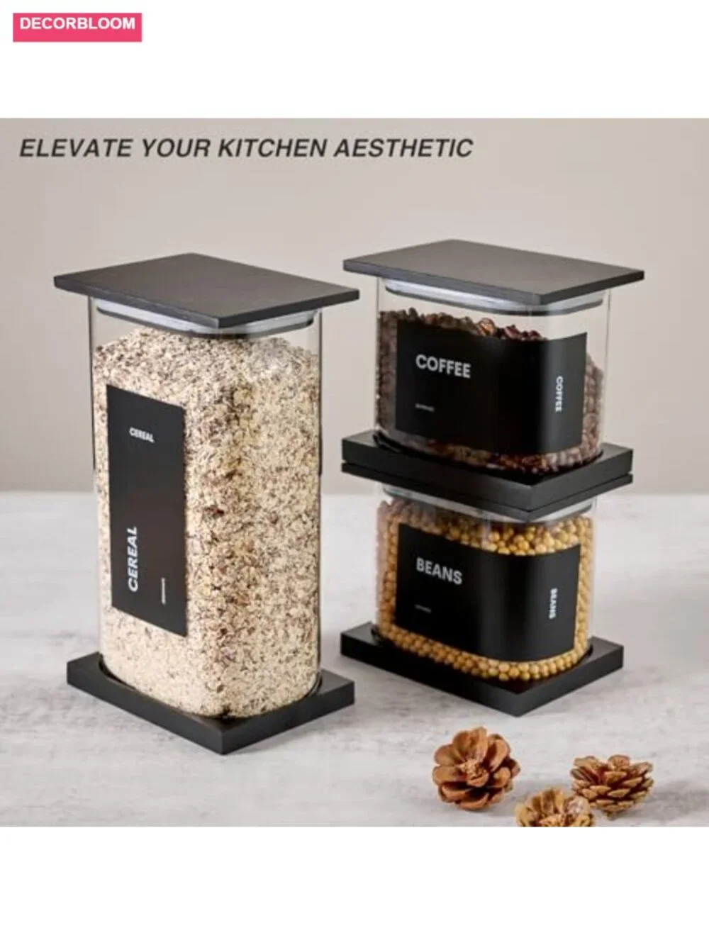 Glass Storage Jars with Bamboo Lids, 100oz Square Canister Set for Kitchen